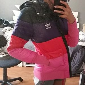 pink red purple and black coat